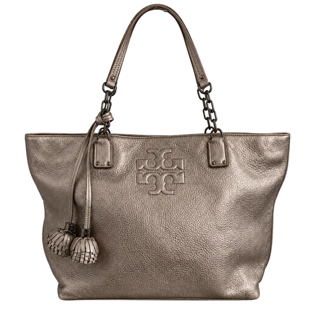 Tory Burch Metallic Leather Tote Bag with Tassels Gunmetal