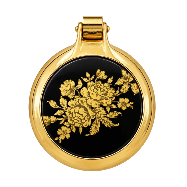 Vintage Gold Tone Black Floral Medallion Pendant