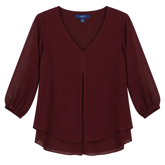 Apt. 9 V-Neck Blouse Size S Burgundy Sheer Long Sleeve Layered Top