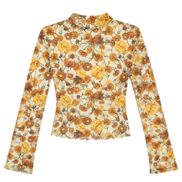 Little Daisy Floral Bell Sleeve Mesh Crop Top Yellow Orange