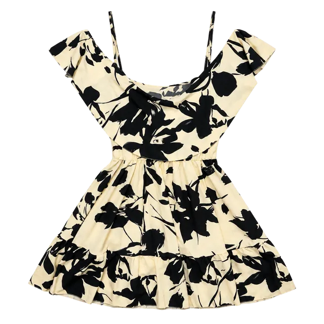 Shein Floral Dress Size 8/10 L Black Cream Ruffle Mini