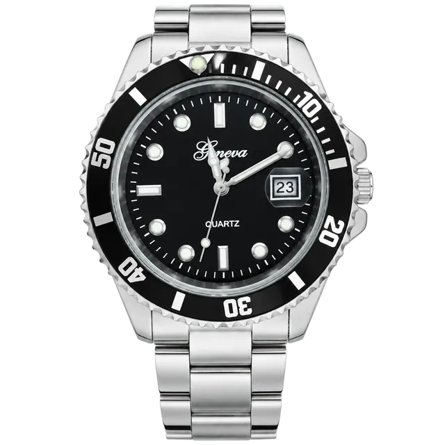 Geneva Quartz Watch Black Dial Silver Tone