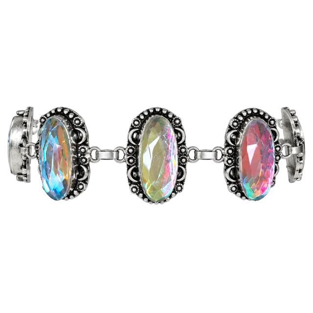 Sterling Silver 925 Iridescent Aurora Borealis Crystal Statement Bracelet