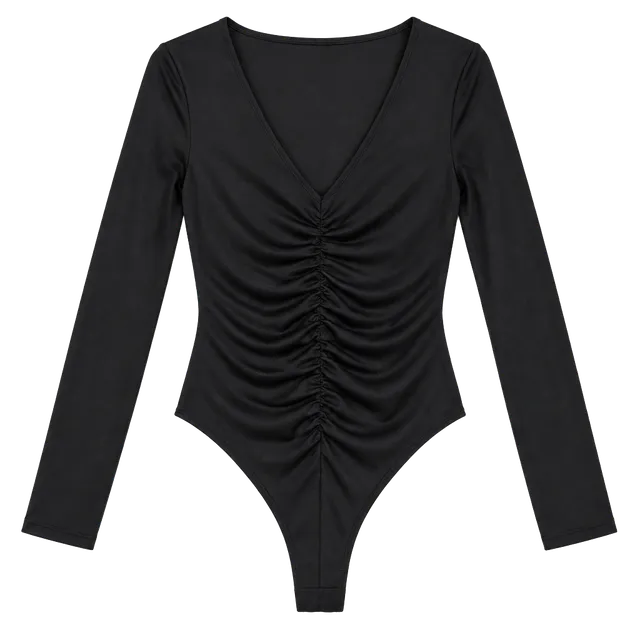 A New Day Ruched Long Sleeve Bodysuit Size Small Black V-Neck