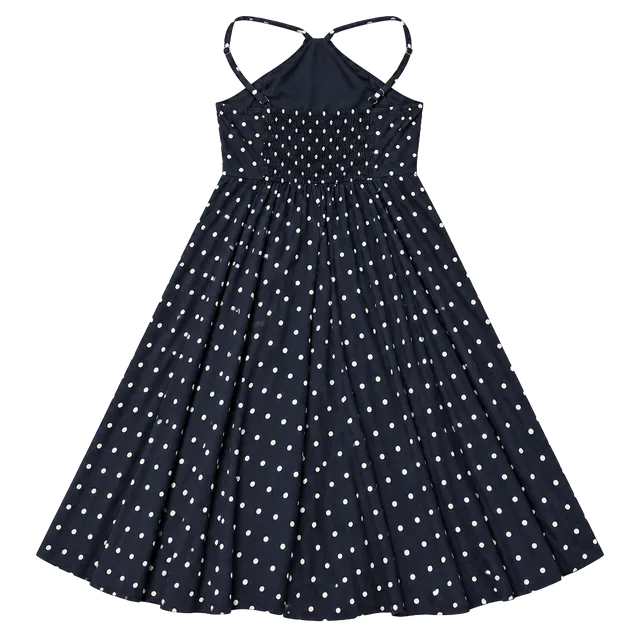 Venus Polka Dot Halter Midi Dress Size 6 Navy Blue Smocked Back