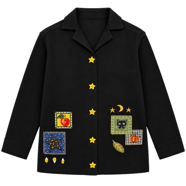 Onque Casuals Halloween Cardigan Black Star Buttons Embroidered Cat
