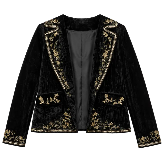 Katherine Barclay Black Velvet Gold Embellished Cropped Jacket Size 14
