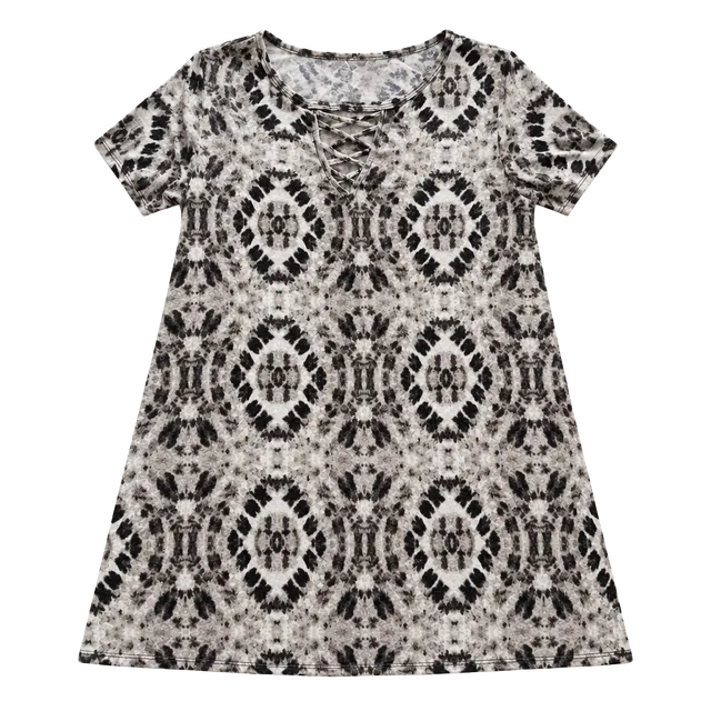 Dept 22 T-Shirt Size M Black White Tie Dye Lace Up Neck Short Sleeve