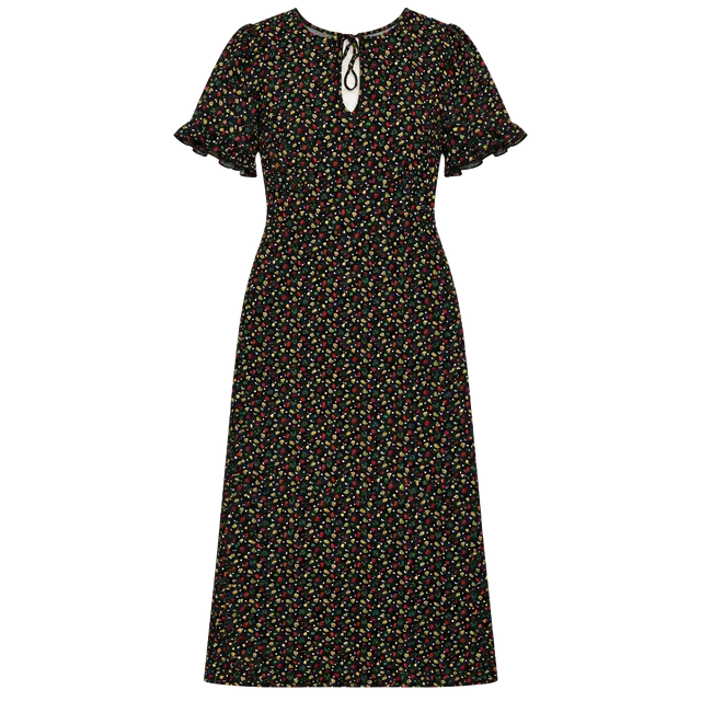 HVN 100% Silk Dawn Dress - Black Fruit Salad Print