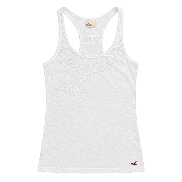 Y2K Style Hollister Embroidered Floral Racerback Tank Top Size M White