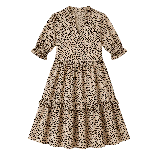 J.Crew XS Leopard Dot Tiered Popover Dress Ruffle Neck Cotton Lined Beige Midi