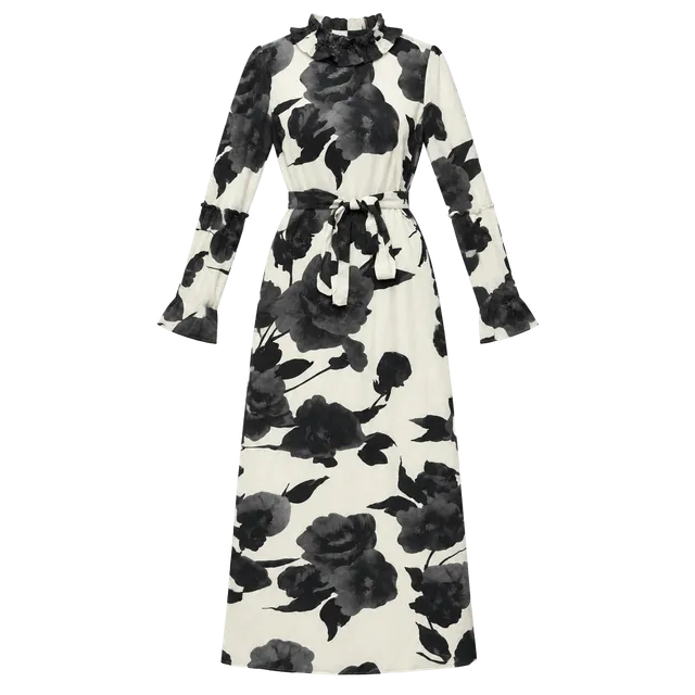 Stella Rose Maxi Dress Black White Floral Ruffle Long Sleeve New with Tags