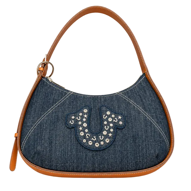True Religion Studded Logo Denim Hobo Shoulder Bag Blue Brown