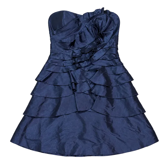 BCBGeneration Women's Size 12 Quiet Luxury Old Money Coquette Y2K Balletcore Strapless Tiered Rosette Mini Dress Navy Taffeta Cocktail Party Prom Sweetheart Ruffle Fit and Flare Back Zip Lined Boned