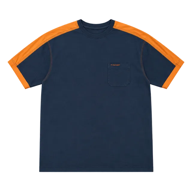 1990s Early 2000s Faded Old Navy Pocket T-Shirt Size XL Blue Orange Contrast Ringer