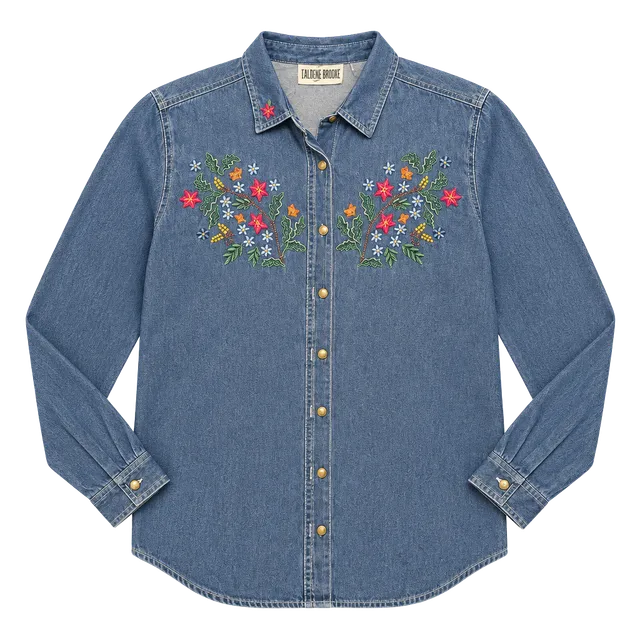 Vintage 1990s Lauren Brooke Embroidered Denim Shirt Size XL Blue