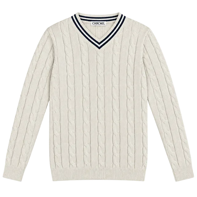 Cherokee Cable Knit V-Neck Sweater Size L Cream Cotton Acrylic