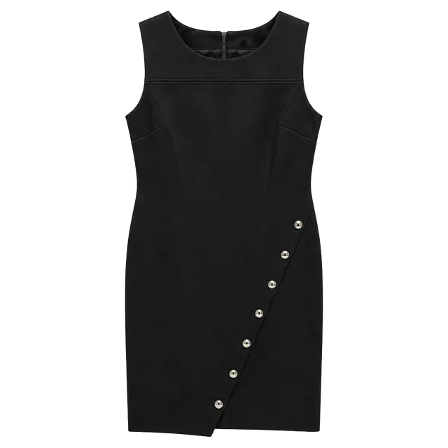 Tommy Hilfiger Scuba Sheath Dress Size 12 Black Asymmetric Gold Buttons