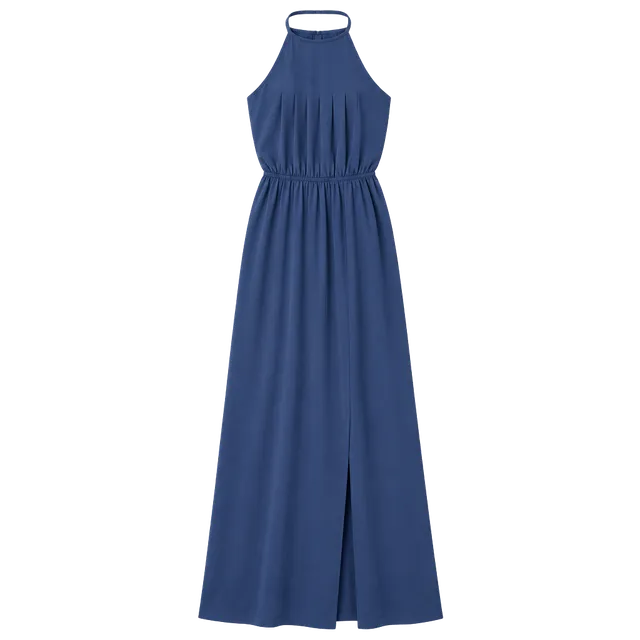 Doe & Rae Blue Halter Maxi Dress Pleated Open Back