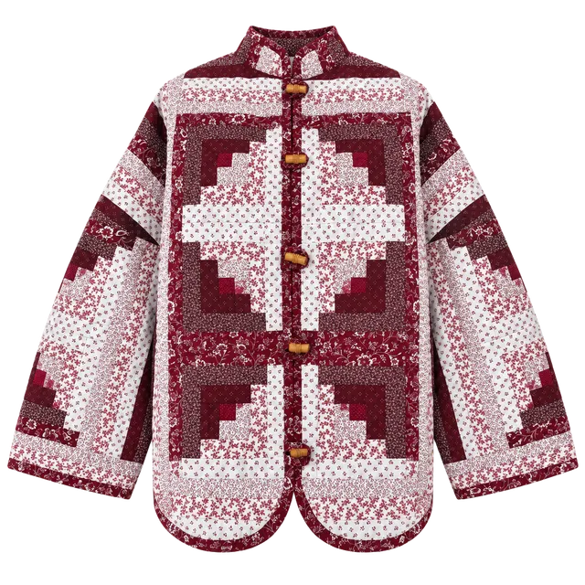 Vintage Reversible Quilted Log Cabin Jacket Red White Floral 