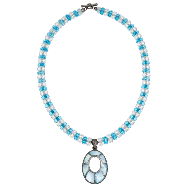 Sterling Silver Blue Mother Of Pearl Inlay Pendant On Blue and White Necklace