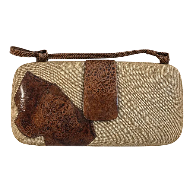 Vintage Textured Straw & Brown Leather Patchwork Crossbody Bag