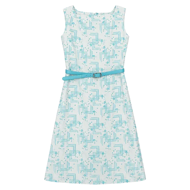 Vintage Sleeveless Light Blue Patterned A-Line Dress with Belt Sz S
