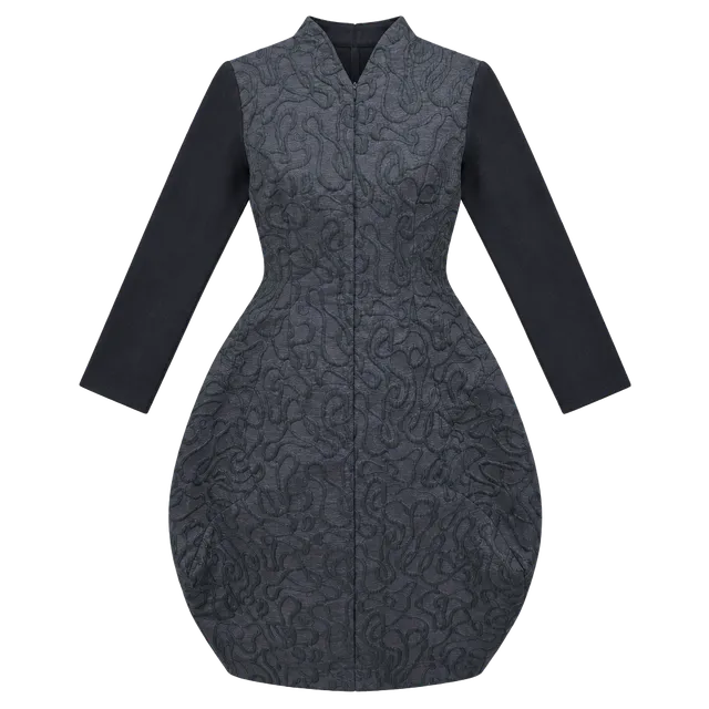 Elio Dress Size 6 Black Blue Jacquard Long Sleeve Bubble Hem