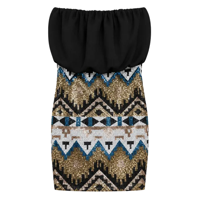 C'est Toi Sequin Dress Size S Black Aztec Print Strapless Mini