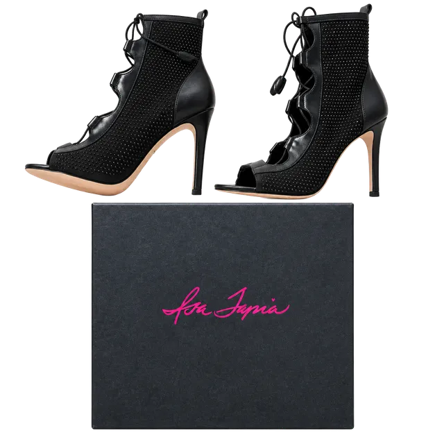 Isa Tapia Nadia Booties Size 39 Black Suede Stones Lace-Up Stiletto