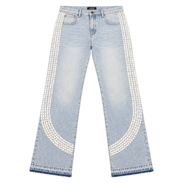 Kindred Rhinestone Stripe Jeans 38x36 Light Blue Relaxed Straight Leg