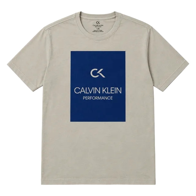 Calvin Klein Performance T-Shirt Size L Beige Box Logo Short Sleeve