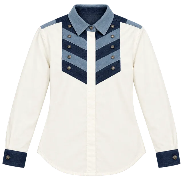 Adobe Rose Womens S Western Shirt Cream Denim Chevron Silver Buttons 100% Cotton