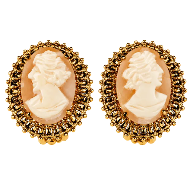 Vintage Gold Tone Filigree Frame Shell Cameo Clip On Earrings