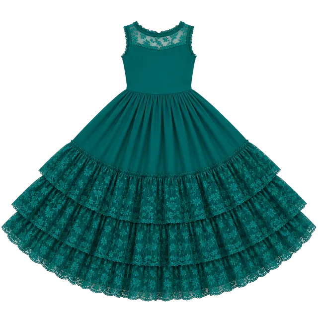 Joyfolie Girl Macy Dress Teal Green Long Lace Ruffle Hem