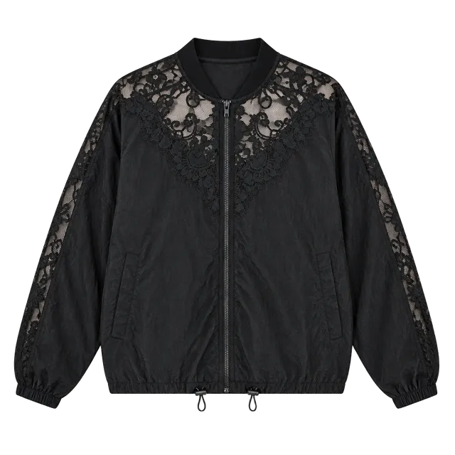 Zara Bomber Jacket Size XL Black Contrast Lace Trim Zip Up