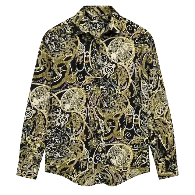 H&M Women Blouse Top Black Gold Floral Geometric Button Collar Long Sleeve US 4