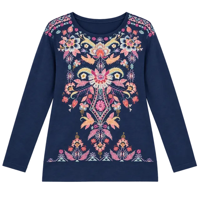 Johnny Was Ioana Embroidered Thermal Top Size 3X Navy NWT Boho