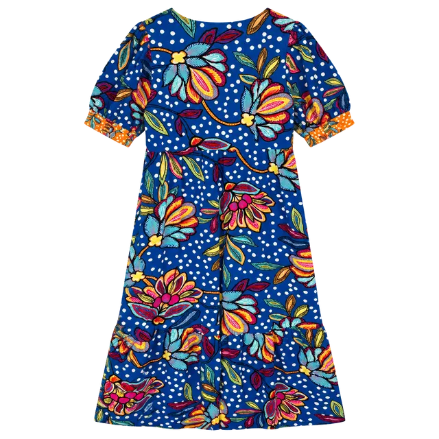 Tabitha Brown Puff Sleeve Midi Dress Size 12 Blue Floral Polka Dot , summer boho.