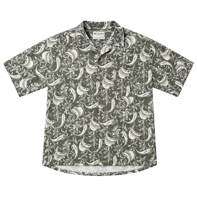 Columbia Vintage 90’s Fish Pattern Short Sleeve Golf Polo Shirt Green Men’s L