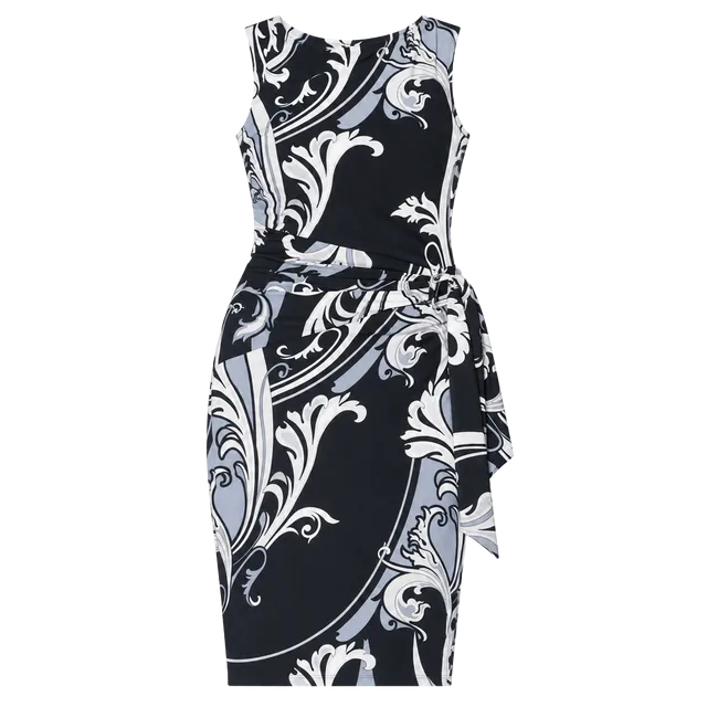 Cache Scroll Print Sheath Dress Size XS Black Blue Silver Side Tie Sleeveless