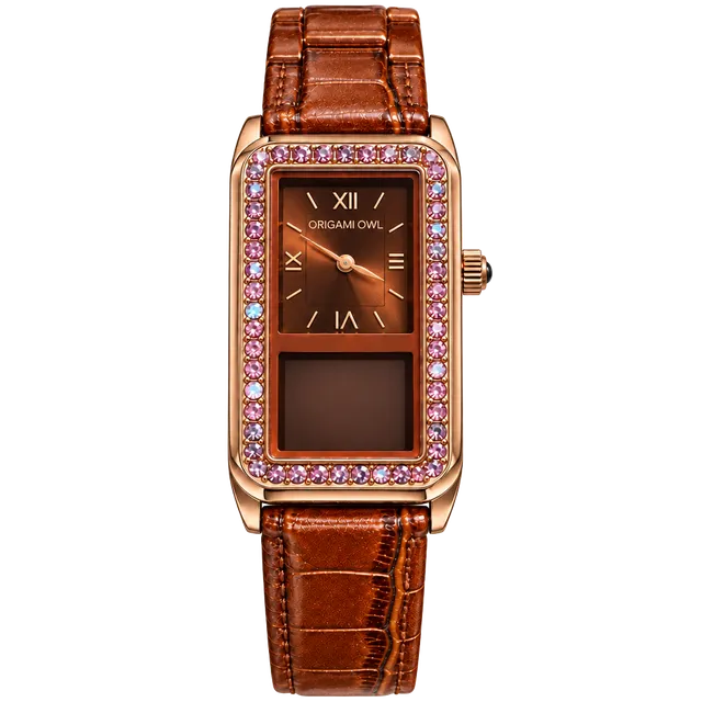 Origami Owl Chocolate Crystal Rectangle Watch with Leather Strap