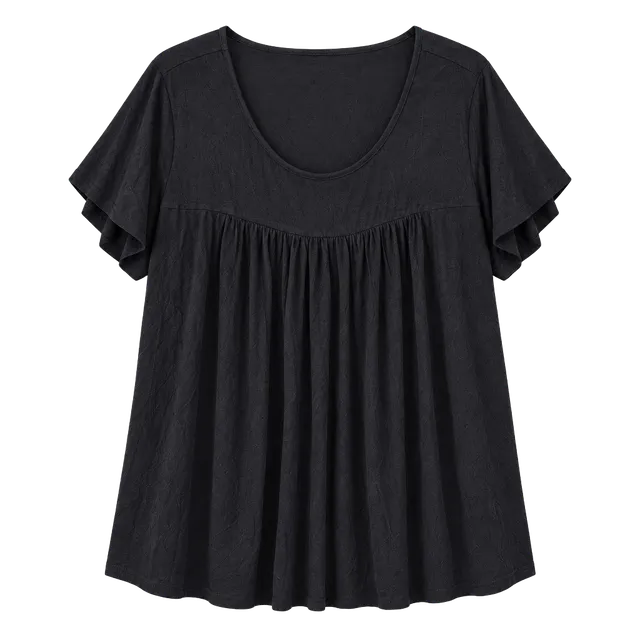 LONGUYAN Pleated Tunic Top Size 3XL Black Short Sleeve Scoop Neck