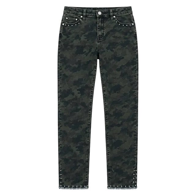 Nicole Miller Studio Camo Skinny Jeans Studded Raw Hem Women’s Size 8 Stretch