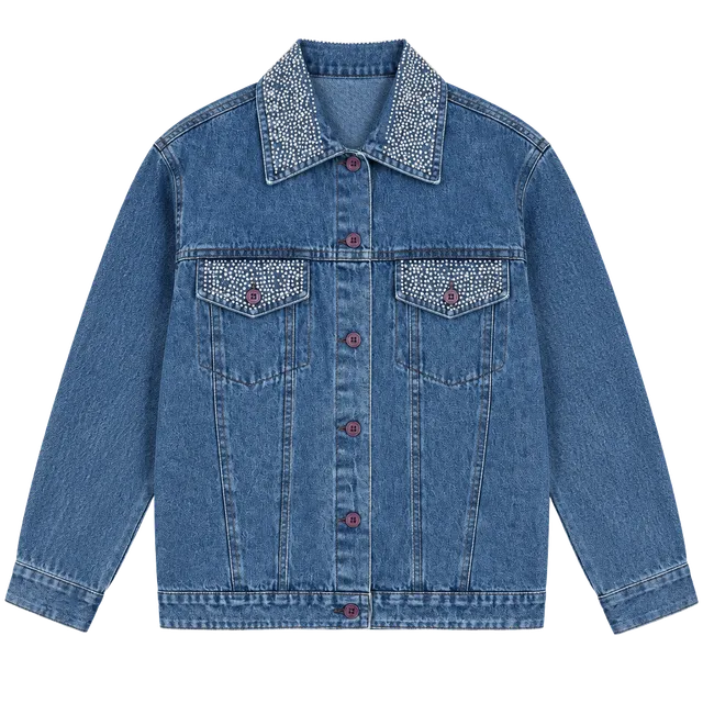 Keren Hart Rhinestone Collar Denim Jacket XL Blue Cotton