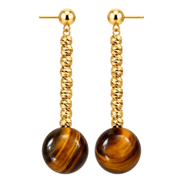 Tiger Eye Stone Gold Plated Twisted Chain Drop Earrings