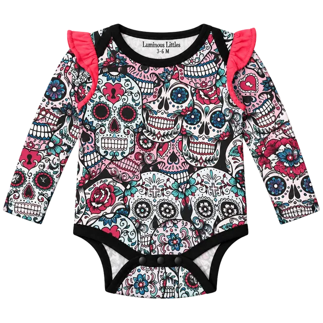 Luminous Littles Bodysuit Size 3-6 M Sugar Skull Long Sleeve Ruffle