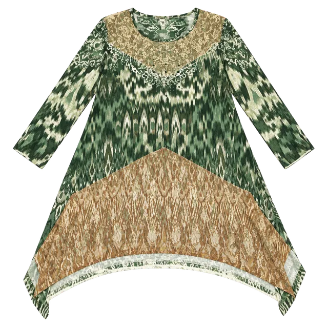 One World Live And Let Live Top Size L Green Print Rhinestone Lace Hem