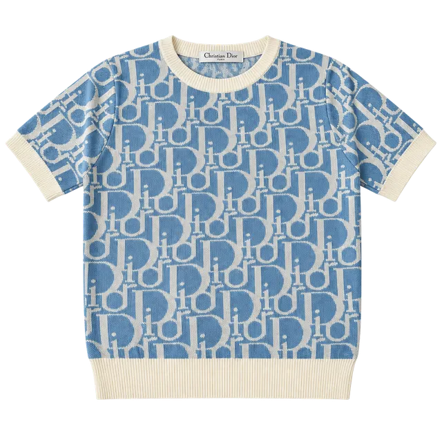 Christian Dior Oblique Short Sleeve Sweater Blue White