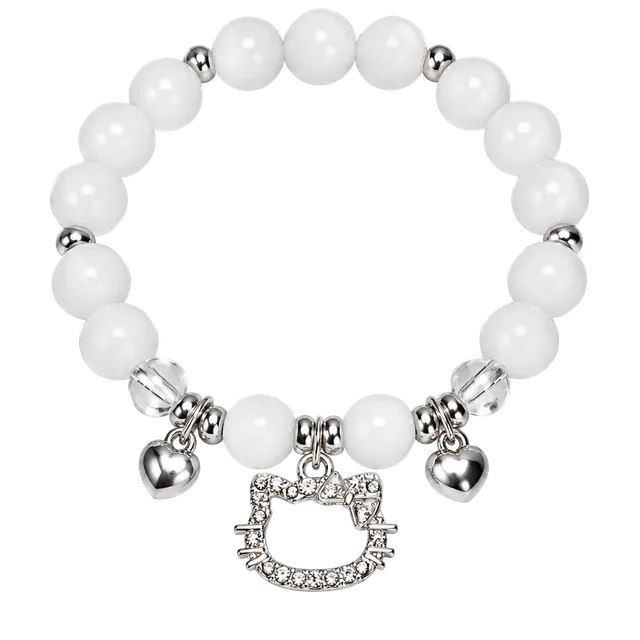 🤍 CHALCEDONY HELLO KITTY BRACELET STRETCHY BRACELET W/RHINESTONES AND BELLS 🩶